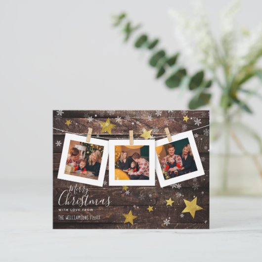 3 Aangepaste kerstfoto Pegs Rustic Wood & Stars Feestdagenkaart (Staand voorkant)