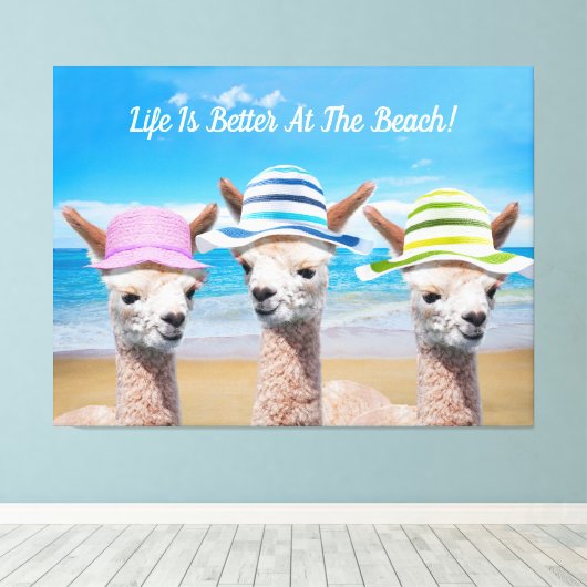 3 Alpacas leven is beter op het strand! DIY, Canvas Afdruk (Insitu (Houten vloer))