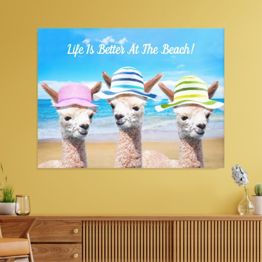 3 Alpacas leven is beter op het strand! DIY, Canvas Afdruk (Insitu (Woonkamer))