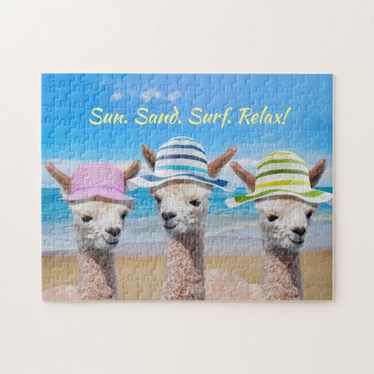 3 Alpacas on Beach in Sun Petten, DIY Message Legpuzzel (Horizontaal)