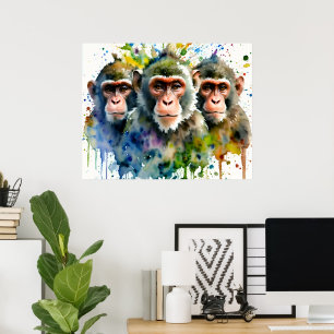 3 Apen Kleurrijke Waterverf Kunst Poster