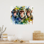 3 Apen Kleurrijke Waterverf Kunst Poster (Keuken)