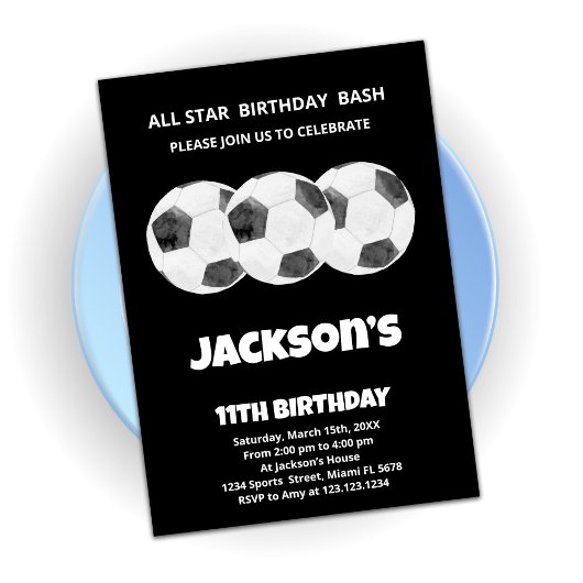 3 Balls Black Soccer Birthday Invitations Kaart