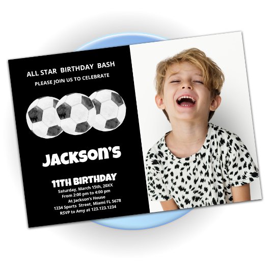 3 Balls Black Soccer Birthday Invitations w foto Kaart
