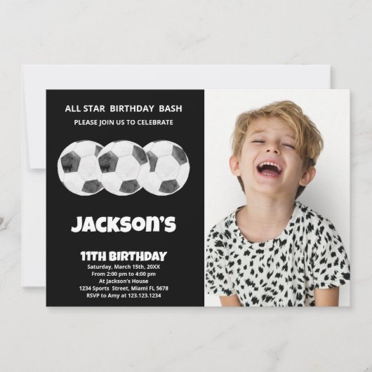 3 Balls Black Soccer Birthday Invitations w foto Kaart (Voorkant)