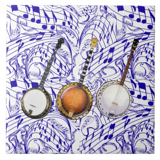 3 BANJOS OP BLAUWE MUZIEKNOTEN TEGELTJE (Voorkant)