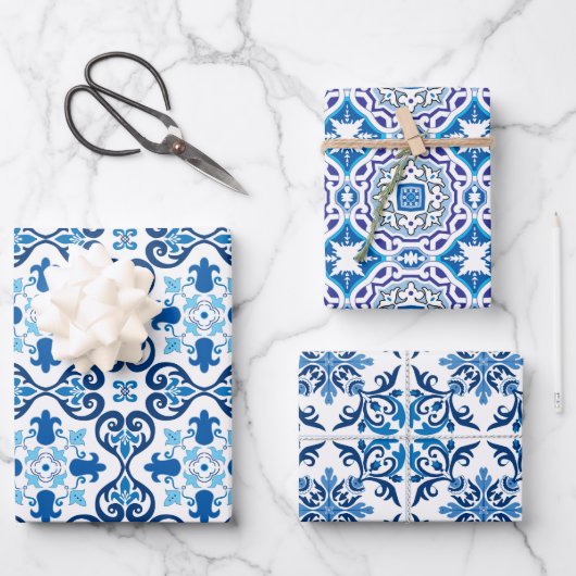  😍 3 Beauful Blue Azulejos Wrapping  Inpakpapier Vel (Voorkant)