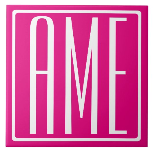 3 Beginletter Monogram | Wit Op Heet Roze Tegeltje (Voorkant)