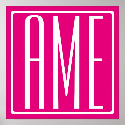 3 Beginletters Monogram | Wit Op Heet Roze Poster (Voorkant)
