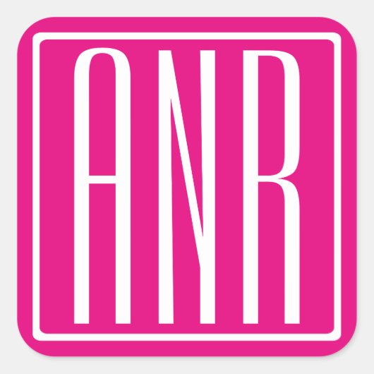 3 Beginletters Monogram | Wit Op Heet Roze Vierkante Sticker (Voorkant)