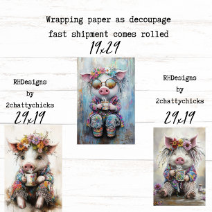 3 Biggetjes Theetijd Feestje Decoupage Inpakpapier Vel