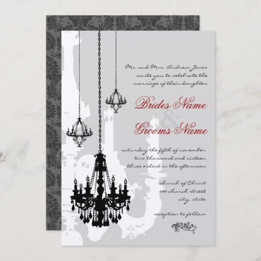 3 Black Chandeliers Red Accents Wedding Kaart (Voorkant / Achterkant)
