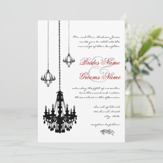 3 Black Chandeliers Red Accents Wedding Kaart (Staand voorkant)