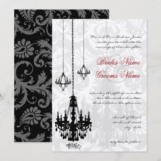 3 Black Chandeliers Shadow Damask Wedding I Kaart (Voorkant / Achterkant)