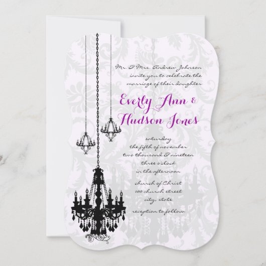 3 Black Chandeliers Shadow Damask Wedding Invites Kaart (Voorkant)