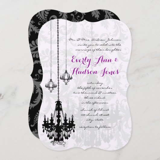 3 Black Chandeliers Shadow Damask Wedding Invites Kaart (Voorkant / Achterkant)
