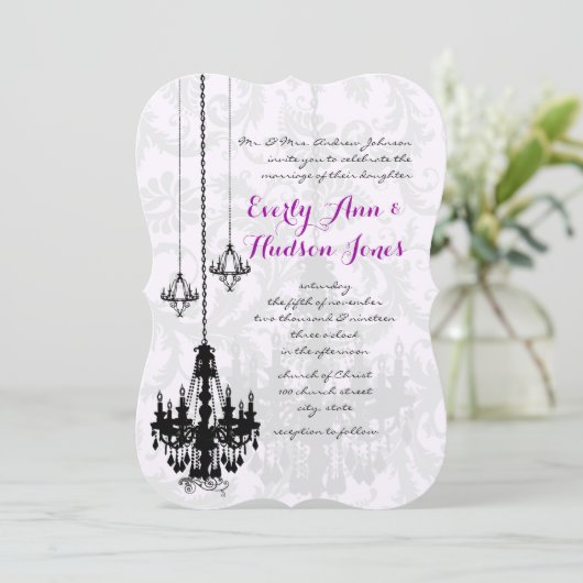 3 Black Chandeliers Shadow Damask Wedding Invites Kaart (Staand voorkant)