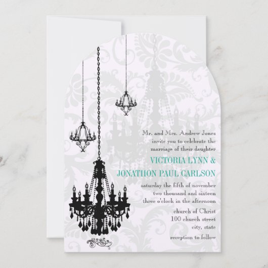 3 Black Chandeliers Shadow Damask Wedding Kaart (Voorkant)