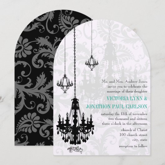 3 Black Chandeliers Shadow Damask Wedding Kaart (Voorkant / Achterkant)