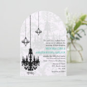 3 Black Chandeliers Shadow Damask Wedding Kaart (Staand voorkant)