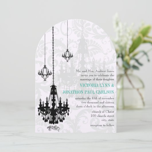 3 Black Chandeliers Shadow Damask Wedding Kaart (Staand voorkant)