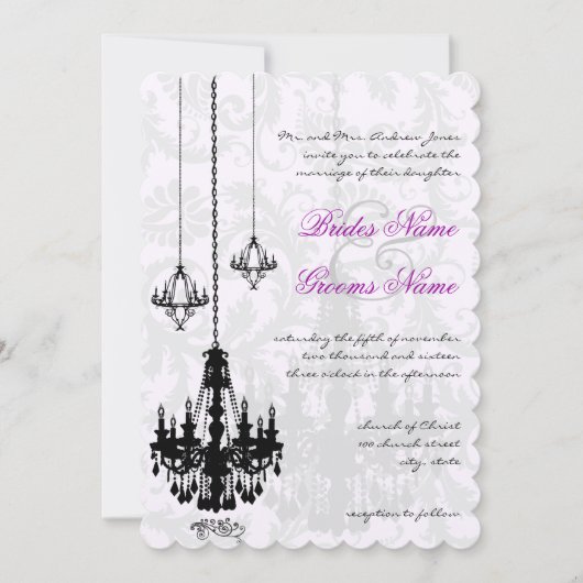 3 Black Chandeliers Shadow Damask Wedding Kaart (Voorkant)