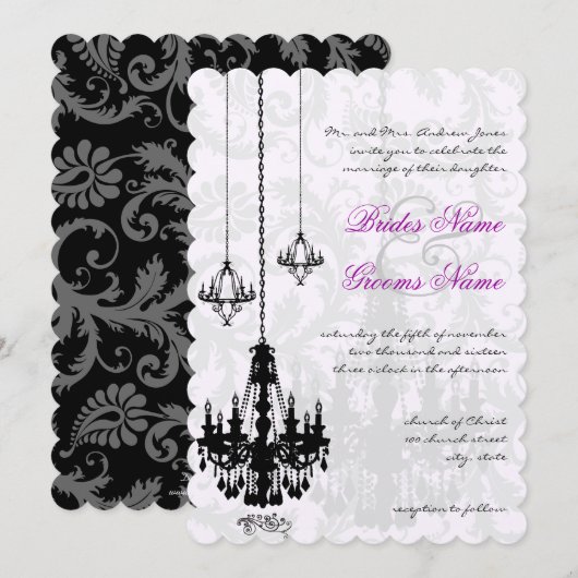 3 Black Chandeliers Shadow Damask Wedding Kaart (Voorkant / Achterkant)