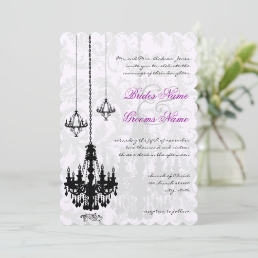 3 Black Chandeliers Shadow Damask Wedding Kaart (Staand voorkant)