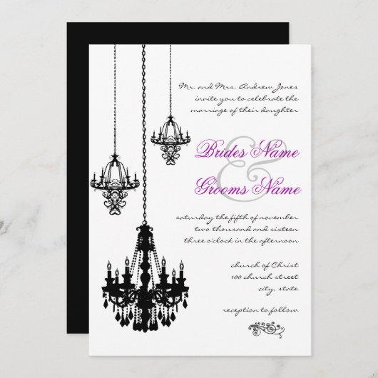 3 Black Chandeliers Wedding Invitations Kaart (Voorkant / Achterkant)