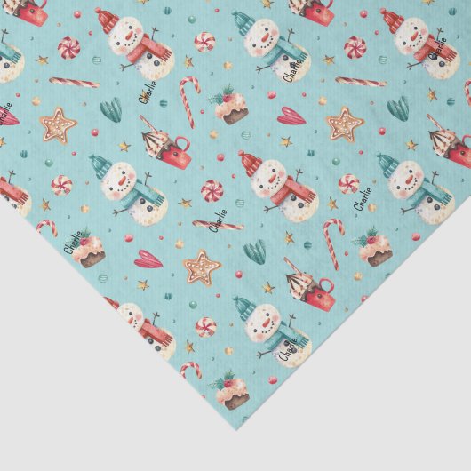 3 Bladen, Naam, Whimsy Snowman Snoep en Harten Tissuepapier (Detail)