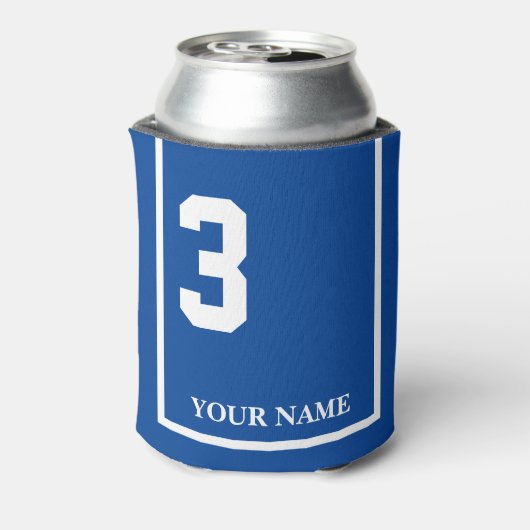 3 Blauw met Witte Paard Zadeldeken Custom Blikjeskoeler (Blikje Achterkant)