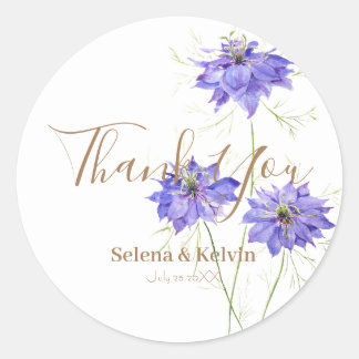 3 blauw paarse nigella bloemetjes rond sticker