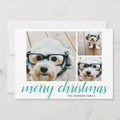 3 Blauwgroen  Damask Photo Merry Kerstscript Feestdagenkaart (Voorkant)