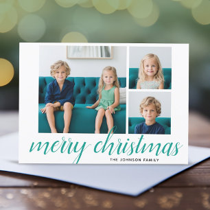 3 Blauwgroen  Damask Photo Merry Kerstscript Feestdagenkaart