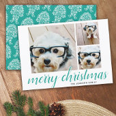 3 Blauwgroen  Damask Photo Merry Kerstscript Feestdagenkaart