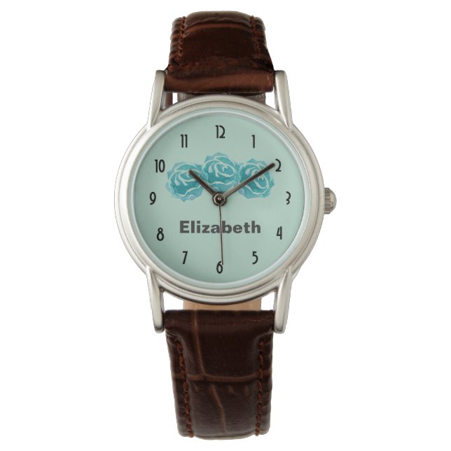 3 Blauwgroen Rozen van de Waterverf op Mint Groene Horloge (Voorkant)