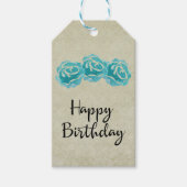 3 Blauwgroen Waterverf Rozen op Tan Damask Birthda Cadeaulabel (Voorkant)