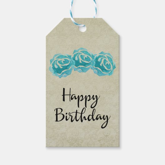 3 Blauwgroen Waterverf Rozen op Tan Damask Birthda Cadeaulabel (Voorkant)
