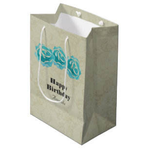 3 Blauwgroen Waterverf Rozen op Tan Damask Birthda Medium Cadeauzakje