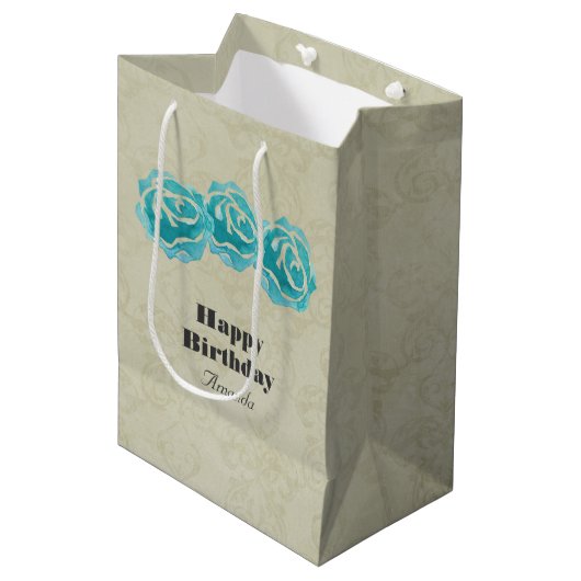 3 Blauwgroen Waterverf Rozen op Tan Damask Birthda Medium Cadeauzakje (Voorkant Gekanteld)