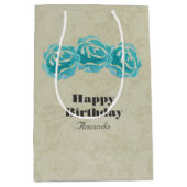 3 Blauwgroen Waterverf Rozen op Tan Damask Birthda Medium Cadeauzakje (Voorkant)