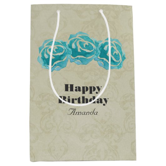 3 Blauwgroen Waterverf Rozen op Tan Damask Birthda Medium Cadeauzakje (Voorkant)