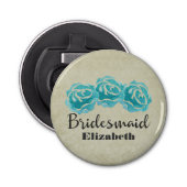 3 Blauwgroen Waterverf Rozen op Tan Damask Bridesm Button Flesopener (Voorkant)