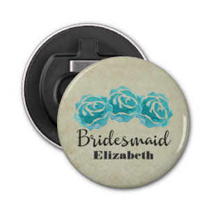 3 Blauwgroen Waterverf Rozen op Tan Damask Bridesm Button Flesopener