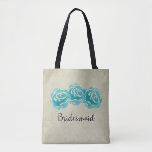 3 Blauwgroen Waterverf Rozen op Tan Damask Bridesm Tote Bag