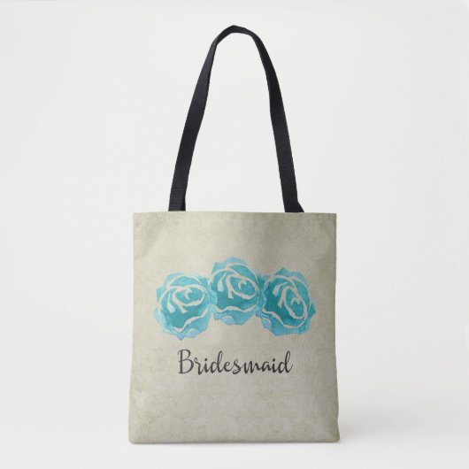 3 Blauwgroen Waterverf Rozen op Tan Damask Bridesm Tote Bag (Voorkant)