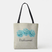 3 Blauwgroen Waterverf Rozen op Tan Damask Bridesm Tote Bag (Achterkant)