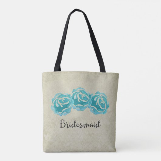 3 Blauwgroen Waterverf Rozen op Tan Damask Bridesm Tote Bag (Achterkant)