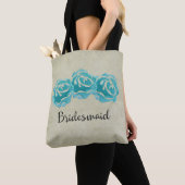 3 Blauwgroen Waterverf Rozen op Tan Damask Bridesm Tote Bag (Dichtbij)