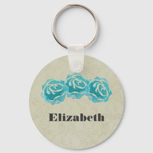 3 Blauwgroen Waterverf Rozen op Tan Damask Custom Sleutelhanger (Voorkant)